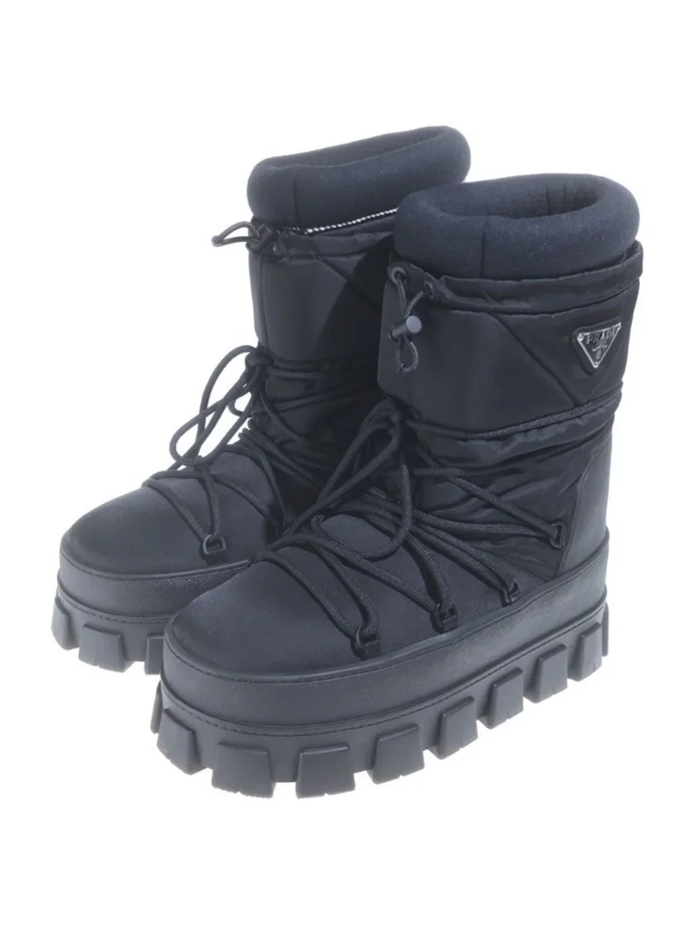 Prada Re-Nylon Gabardine Apres Ski Boots Long Triangle Logo Black